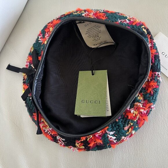 NWT GUCCI LAME BERET CAP Check Lame Sz S Multicolour Orange Tweed main image 5